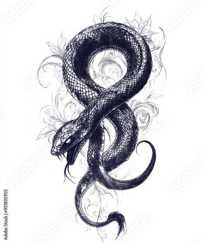 A detailed illustration of a snake entwined with floral elements. photo