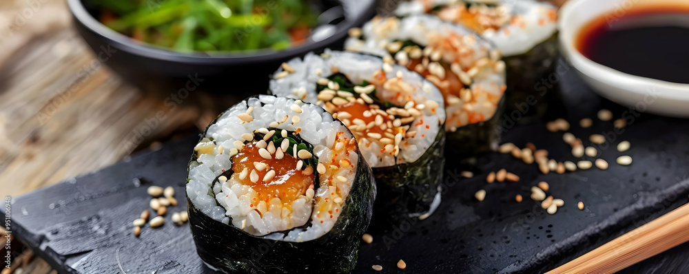 Sushi Rolls with Sesame Seeds, Seaweed, and Sauce - Food Photography Sushi Rolls with Sesame Seeds, Seaweed, and Sauce - Food Photography