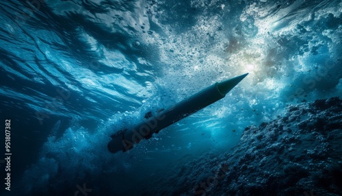 Stealthy underwater satellite launch, resembling torpedo path. Blends advanced technology with elegance and secrecy, defining futuristic space missions. 🌊🚀