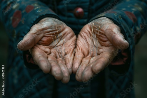 Close up of an elderly woman holding acupuncture needles, showcasing the concept of alternative medicine and traditional healing practices