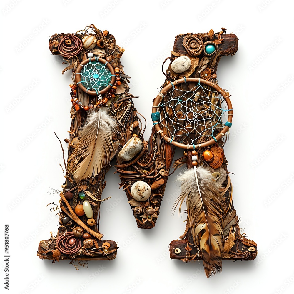 Fototapeta premium Artistic letter M crafted with natural elements, featuring feathers, beads, and dreamcatcher, perfect for creative projects.