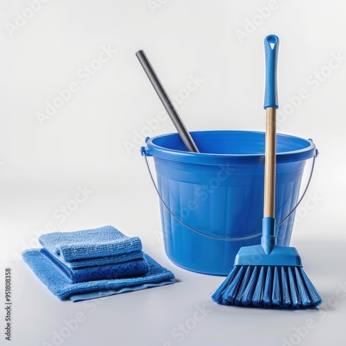 Medium shot of a Cleaning supplies and equipment, cleaning tools such as brooms, sponges, duster brushes, a blue bucket with water and a rag, isolated on a white background,  