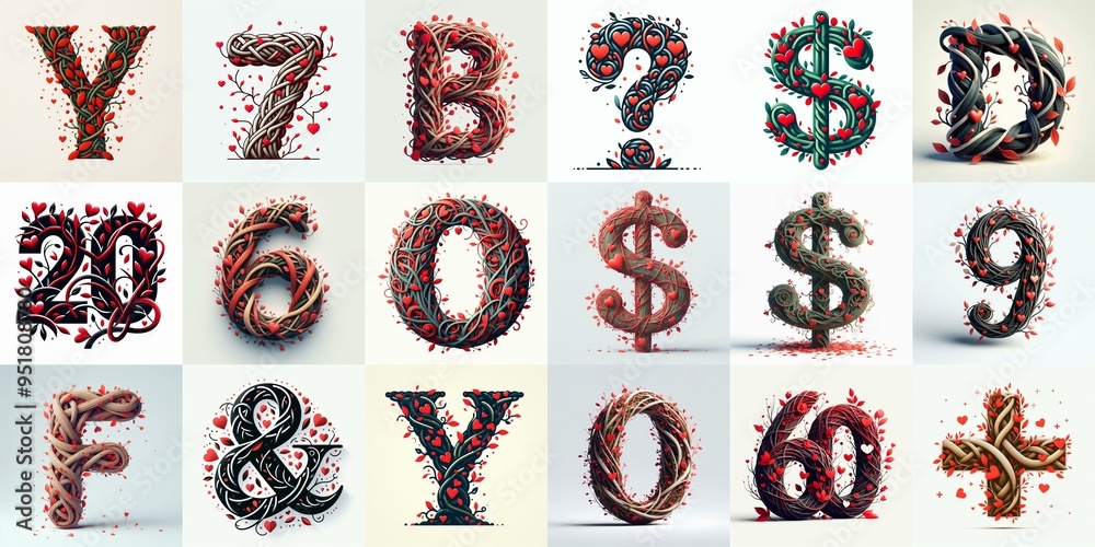 Naklejka premium Twisted Branches and Red Hearts Lettering Typeface. AI generated illustration