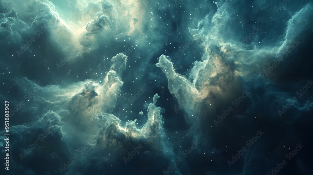 Fototapeta premium Shimmering Cosmic Nebula Ethereal Particles Cascading Through Infinite Celestial Expanse