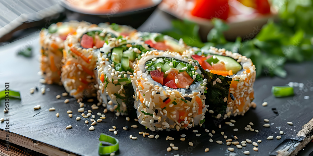 Close-Up of Delicious Veggie Sushi Rolls with Sesame Seeds Close-Up of Delicious Veggie Sushi Rolls with Sesame Seeds