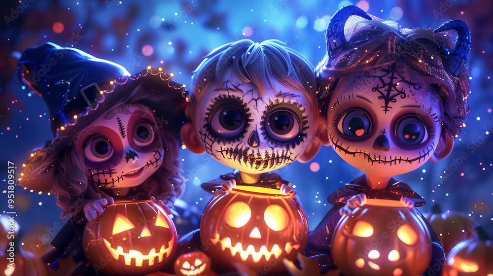 Three children in Halloween costumes gather around glowing carved pumpkins, enjoying the festive atmosphere filled with spooky decorations and lights Three children in Halloween costumes gather around glowing carved pumpkins, enjoying the festive atmosphere filled with spooky decorations and lights