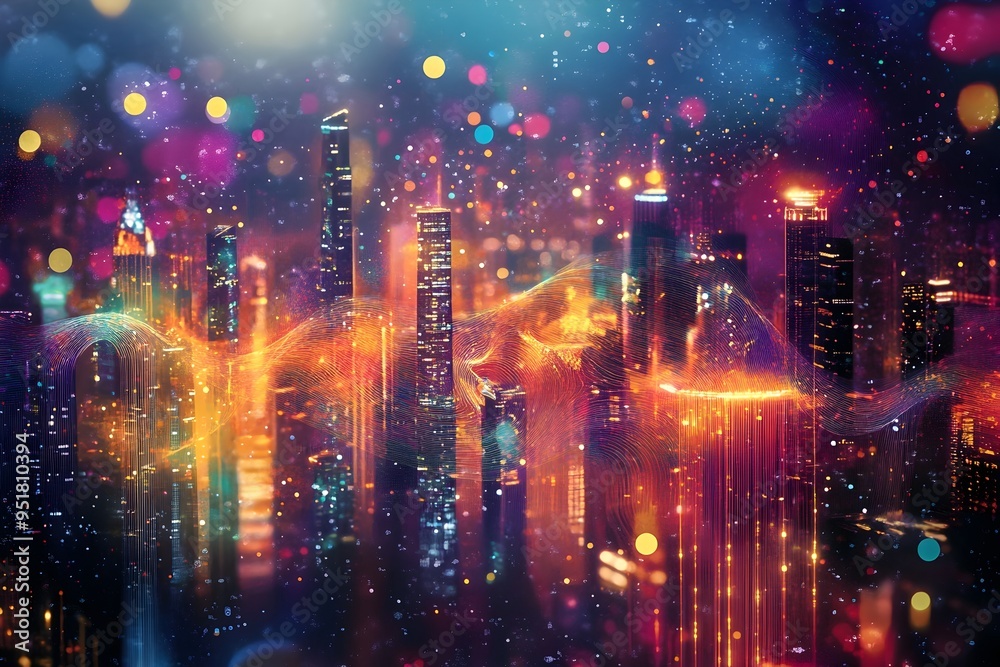 Fototapeta premium Dazzling Retrofuturistic Cityscape Glowing Skyscrapers Shimmering Quantum Threads and Hypnotic