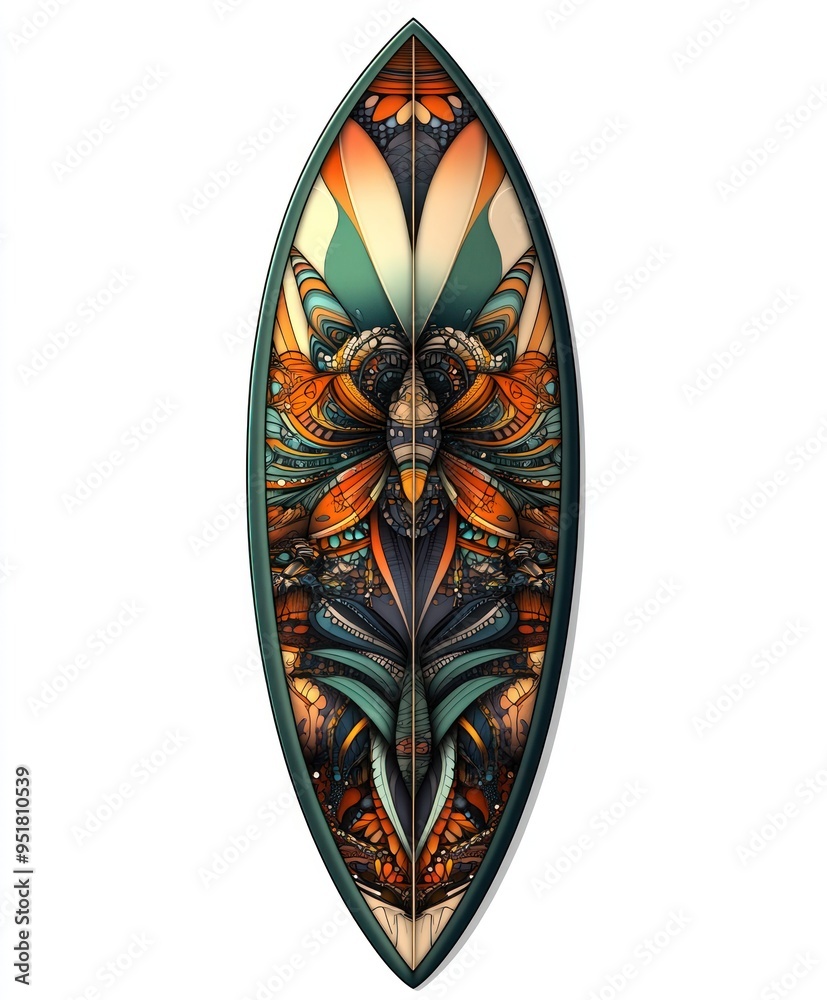 A decorative surfboard featuring intricate floral and abstract designs. A decorative surfboard featuring intricate floral and abstract designs.
