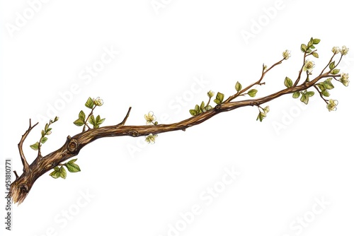 Twisted branch with small green leaves and white flowers isolated on white background.