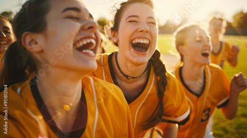 A group of joyful young women in yellow sports uniforms laughing heartily outdoors, capturing the essence of camaraderie and youthful exuberance.