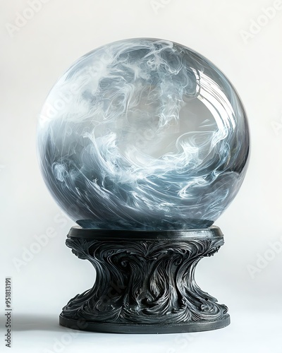 Glass sphere with swirling smoke inside on wooden base.