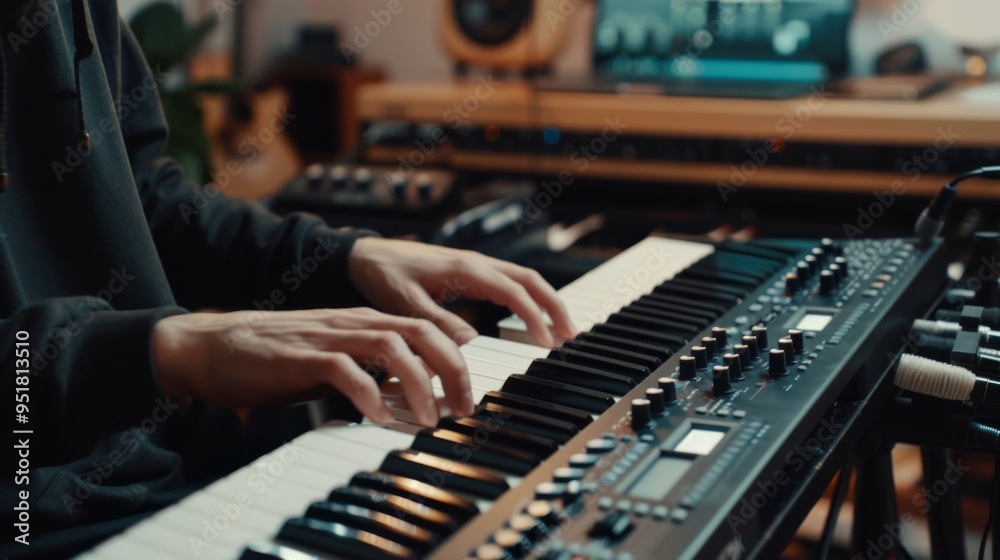 Hands playing an electronic keyboard in a cozy studio, capturing the essence of musical creativity and passion.
