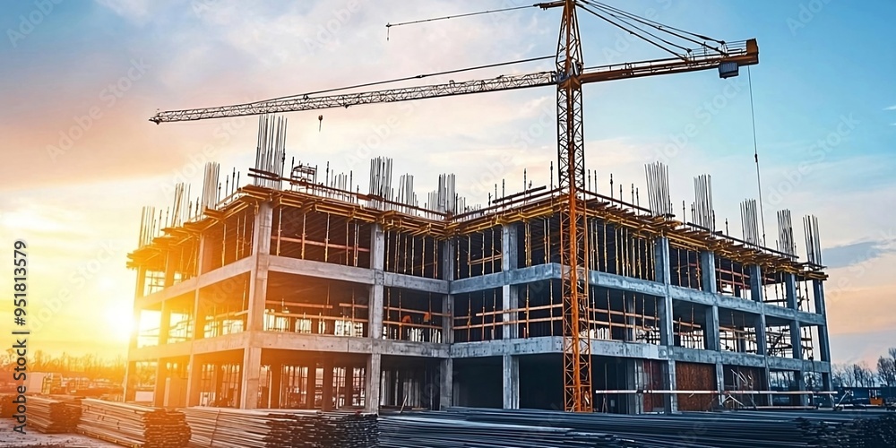 Fototapeta premium Modern concrete and steel building construction site. Generative AI technology