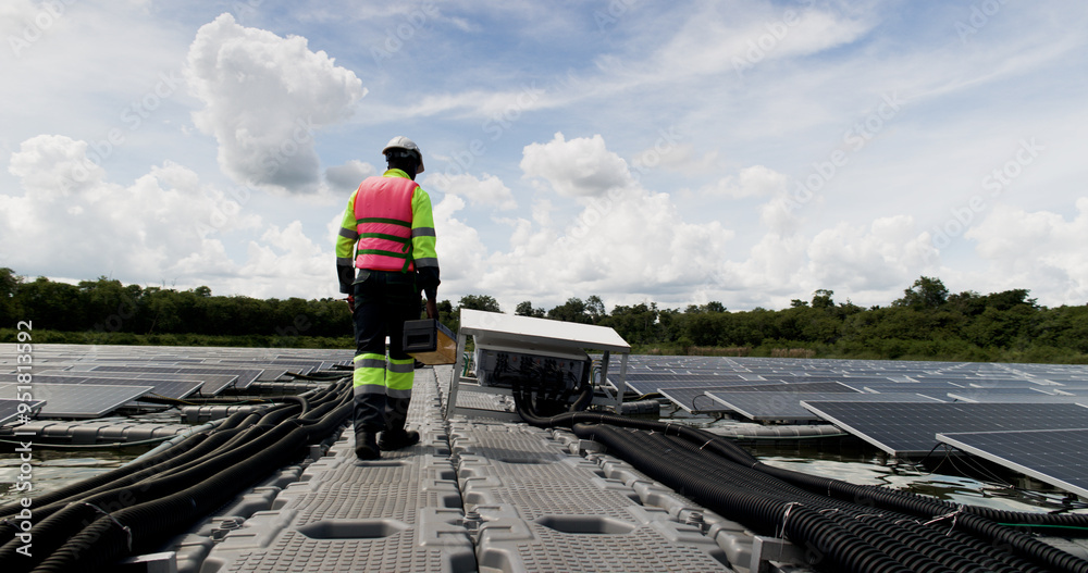 Fototapeta premium An African-American engineer carefully examines a cutting-edge floating solar panel system designed to harness renewable energy for an industrial complex.