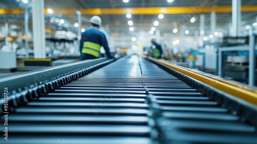 Conveyor belts in a modern factory, workers maintaining a safe and efficient production line with focus on safety protocols.