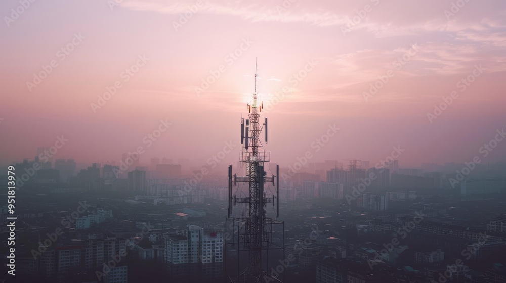 Fototapeta premium A communication tower silhouetted by a soft pink and purple sunset above a sprawling city, evoking a sense of technological presence and urban tranquility.