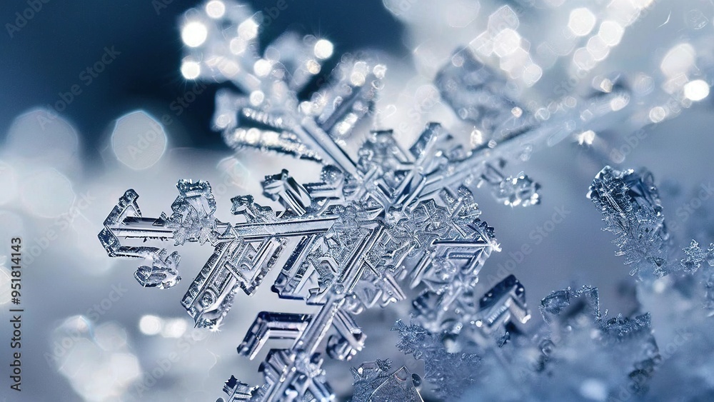 A detailed close-up of a delicate snowflake with intricate patterns and a blurred background of other snowflakes. A detailed close-up of a delicate snowflake with intricate patterns and a blurred background of other snowflakes.