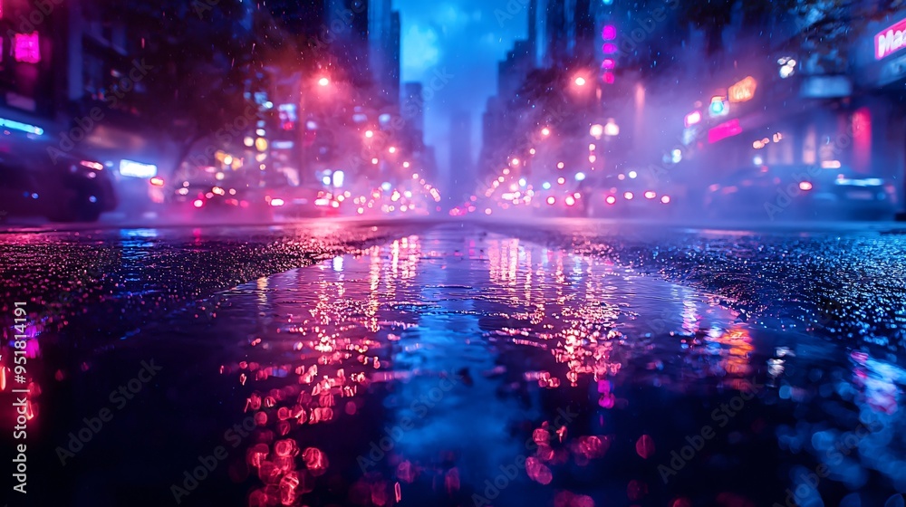 Fototapeta premium A vibrant Halloween street scene featuring neon lights, wet pavement reflections, and an abstract dark background, ideal for Halloween-themed designs with copy space.