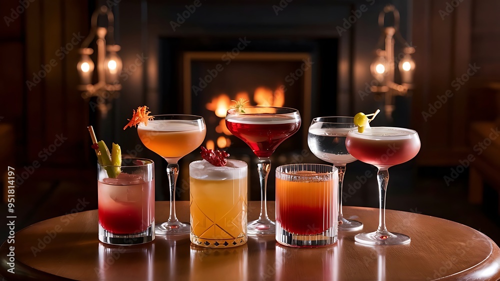 Close-up view of glasses with alcohol cocktails on wooden table Close-up view of glasses with alcohol cocktails on wooden table