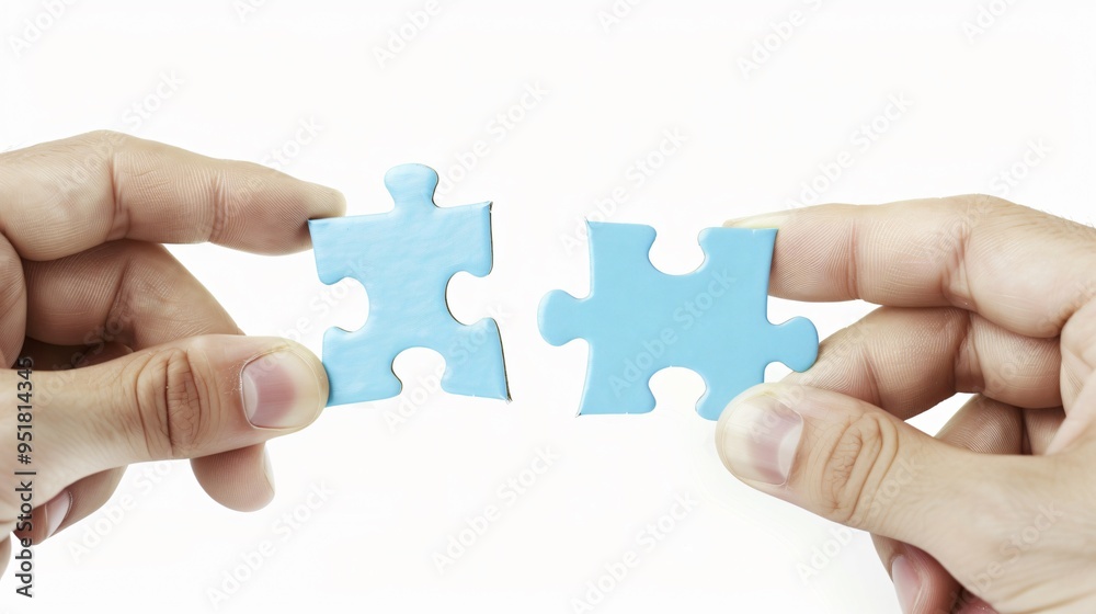 Close-Up of Two Hands Connecting Blue Puzzle Pieces on a White Background Close-Up of Two Hands Connecting Blue Puzzle Pieces on a White Background