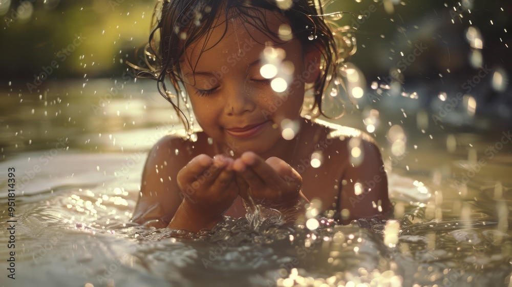 Obraz premium A young child joyfully holds water in their cupped hands, surrounded by splashes and sunlight, creating a moment of pure childhood bliss in a natural setting.