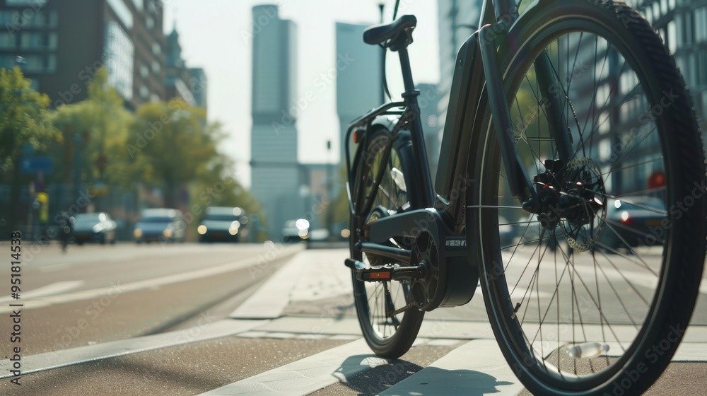A sleek bicycle stands on a city street, framed by modern buildings under a bright midday sun, highlighting urban mobility. A sleek bicycle stands on a city street, framed by modern buildings under a bright midday sun, highlighting urban mobility.