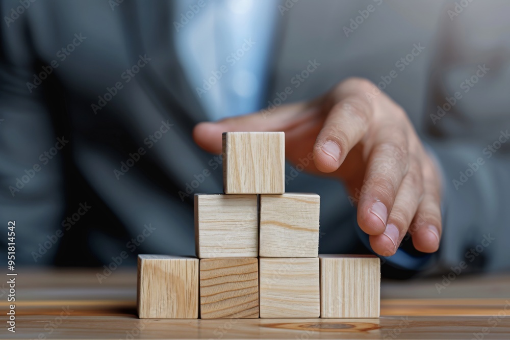 Businessman Stacking Wooden Block on Top of Pyramid of wooden blocks Businessman Stacking Wooden Block on Top of Pyramid of wooden blocks