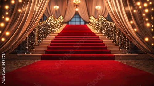 Elegant red carpet leading up to a grand staircase, with soft lights and draped curtains, evoking a sense of prestige and ceremony.