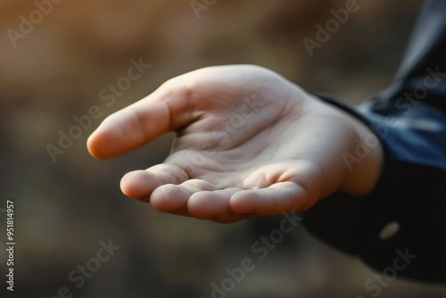 Close-Up of an Outstretched Palm-Up Hand Against a Blurred Background photo