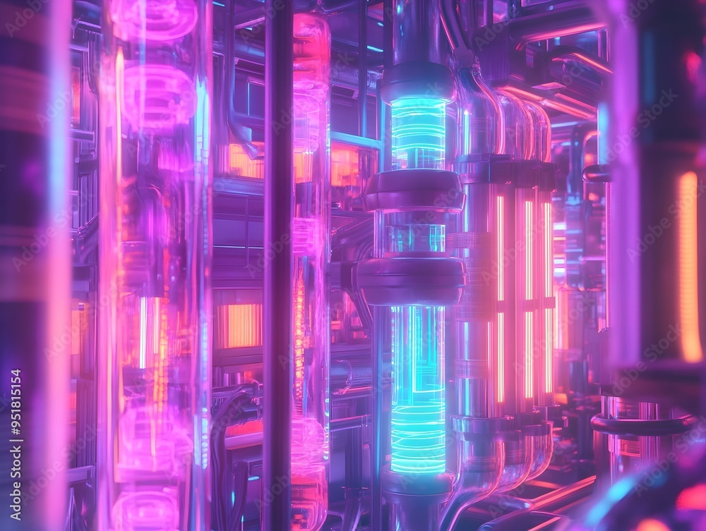 Fototapeta premium Quantum Void Filler Dispenser Emitting Pulsating Neon Radiance in Sleek Architectural Laboratory