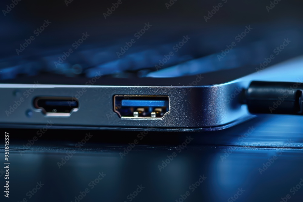 Close-up of a laptop port showcasing USB connectivity, highlighting modern technology and sleek design. Close-up of a laptop port showcasing USB connectivity, highlighting modern technology and sleek design.