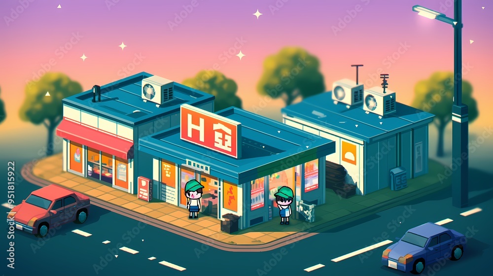Naklejka premium Colorful animated street scene featuring cute characters in a vibrant urban setting.