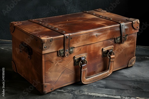 Antique leather suitcase with brass accents is sitting on a dark wooden floor with a dark background