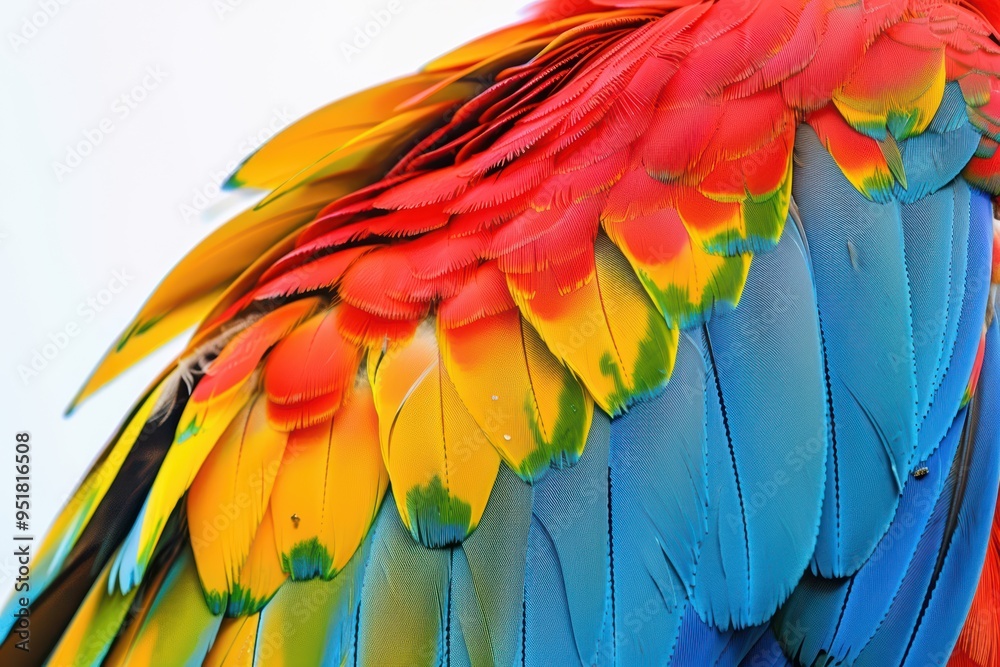 Obraz premium Close-up of a vibrant parrot feather showcasing its stunning colors of red, yellow, and blue in exquisite detail.