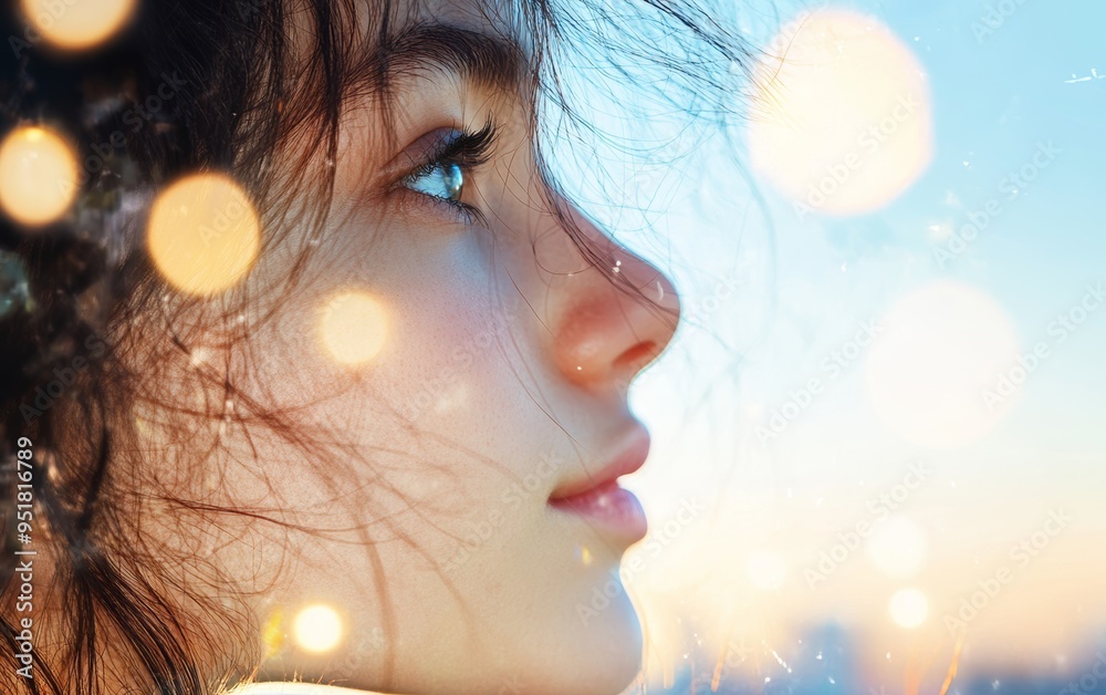 Fototapeta premium A serene profile of a young woman with soft natural lighting and a dreamy bokeh background, capturing a moment of contemplation.