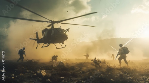 Troops in action maneuvering through a misty battlefield, with a helicopter hovering above, captured in a moment of high stakes and intensity. photo