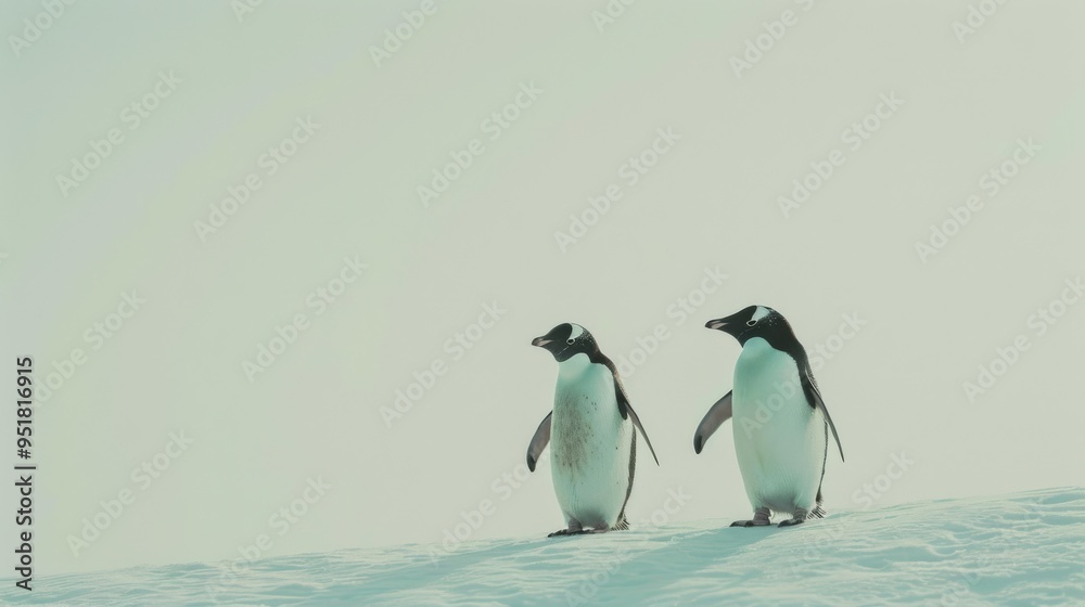 Fototapeta premium Two penguins standing on a snowy landscape, facing each other in a serene, open setting with soft light filtering through.