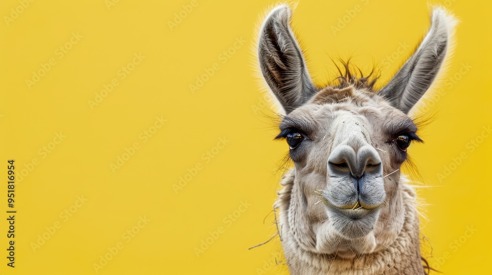 Fototapeta premium Close-up portrait of a llama against a vibrant yellow background, showcasing its unique features and expressive eyes.