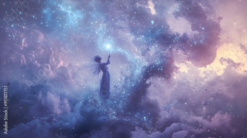 Cosmic Fairy Godmother Wielding Ethereal Wand Amid Bioluminescent Dust Cloud in Surreal Celestial photo