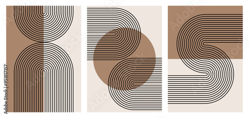 Set of 3. Aesthetic Boho Abstract Prints. Minimal line poster. Boho wall art. Neutral beige brown prints. Mid-century abstract aesthetic background. Vector illustration.
