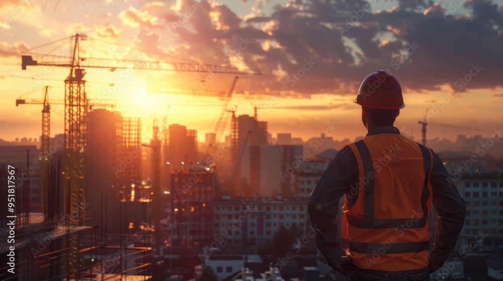 A construction worker in an orange vest stands on a building overlooking a city A construction worker in an orange vest stands on a building overlooking a city
