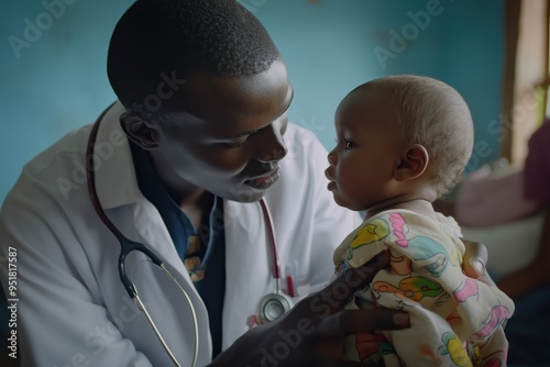 Photo of doctor with stethoscope examines a child  photo