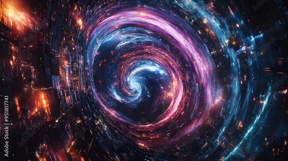 Swirling Cosmic Vortex Devouring Stars and Nebulae in Hyper detailed Retrofuturistic Sci Fi