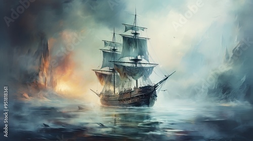 Wallpaper Mural A majestic ship sails through misty waters, evoking adventure and mystery in a dramatic seascape. Torontodigital.ca