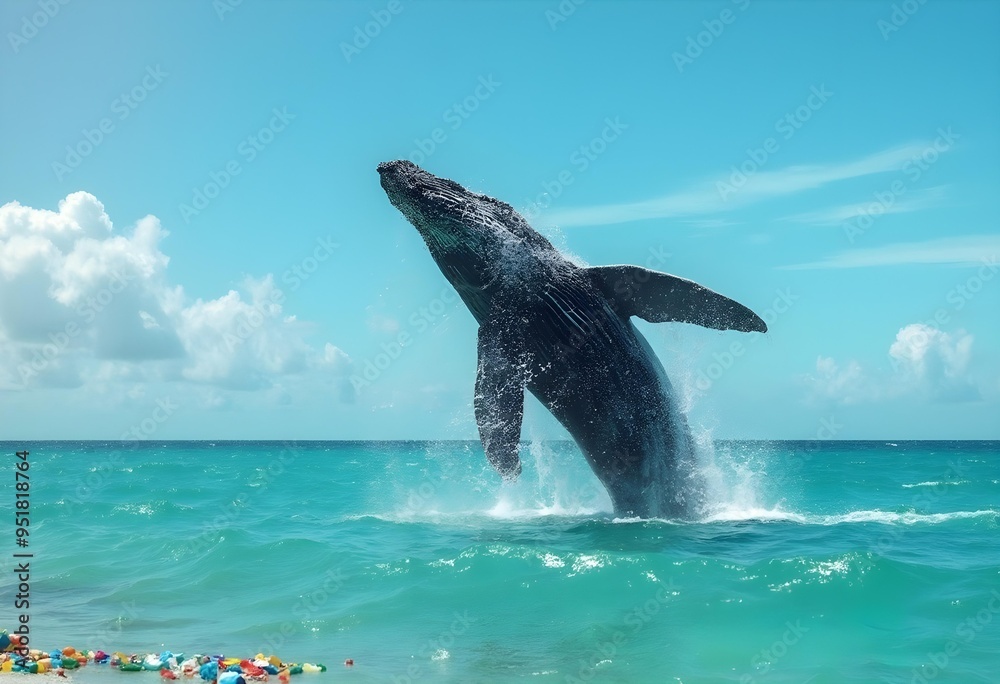 Fototapeta premium Majestic Whale Breaching the Ocean with Clear Blue Sky