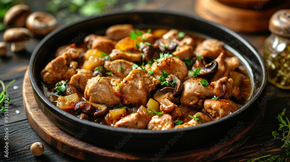 Bulgarian national cuisine: Chicken with mushrooms in a hunting style. Bulgarian national cuisine: Chicken with mushrooms in a hunting style.