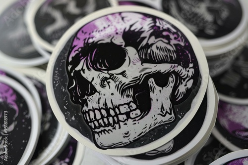 Skull sticker with a purple top is sitting on a stack of similar stickers photo