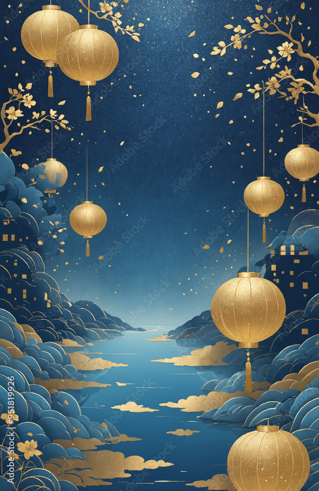 Fototapeta premium elegant mid autumn festival blue card lantern chinese architecture moon golden colour 