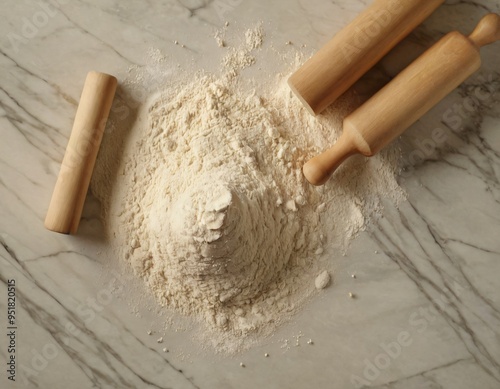 Pile of flour and rolling pin on grey marble table, top view. Ai generated image