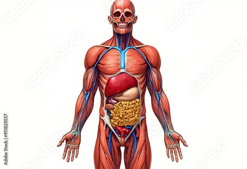 Detailed Human Anatomy Illustration Showing Muscles, Organs, and Vascular System